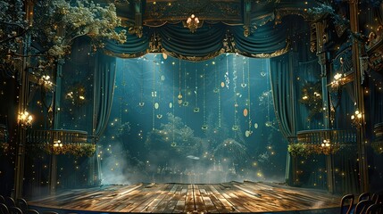 Stunning theater stage featuring exquisite decor, shimmering curtains, and a magical atmosphere