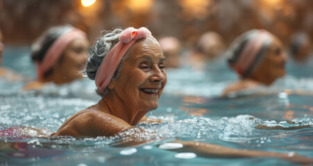 A group of elderly women having a fun and energetic water aerobics session in a pool, elderly happy people, old age