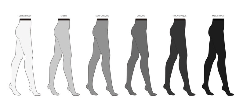 Set of different Den Denier Tights Pantyhose on legs - Ultra Sheer, Semi-Opaque, Mega Thick. Fashion accessory clothing technical illustration stocking. Vector side view for Men, women, flat template