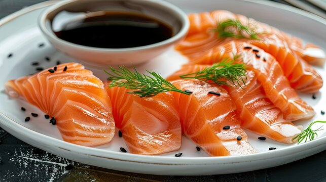 Thin slices of fresh salmon on a white plate, garnished with dill and accompanied by a soy sauce dip