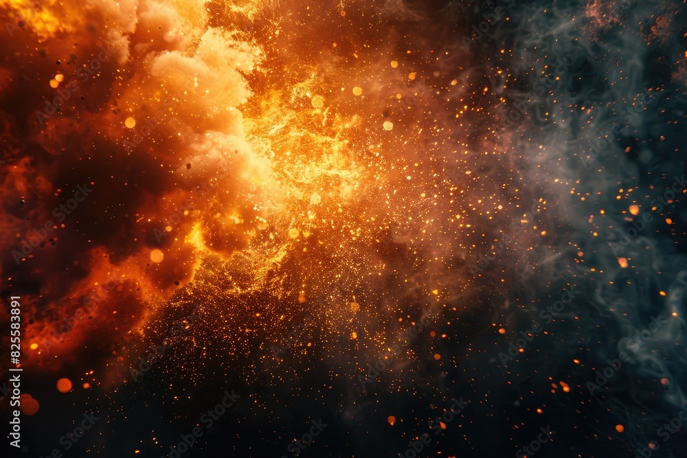Poster a fiery explosion in space with a lot of smoke and sparks. the image is a representation of the chao