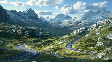 Beautiful ountain rock landscape. Winding road near mountain rock landscape. Forest trees, nature forest, landscape. Mountain panoramic landscape. Mountain journey through mountain landscapes.