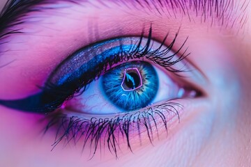 Eye artfully captures the digital world, merging soft pink hues with tech inspired graphics for a modern look