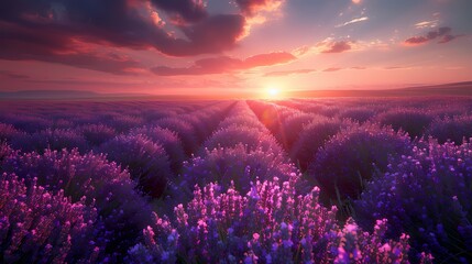 A beautiful lavender field in full bloom under a purple and pink sky at dusk.