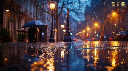 Wet pavement gleaming under street lamps, as rain falls gently, transforming the cityscape
