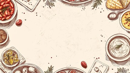 Middle eastern cuisine top view frame. Food menu design with manakeesh, kebab, dolma, shawarma, and shakshouka. Vintage hand drawn sketch vector illustration.