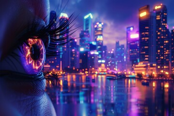 Reflective eye captures the neon glow of a bustling city, juxtaposing tranquility with urban vibrancy