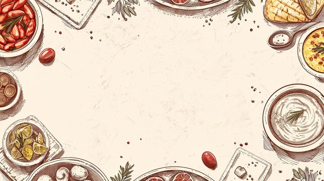 Middle eastern cuisine top view frame. Food menu design with manakeesh, kebab, dolma, shawarma, and shakshouka. Vintage hand drawn sketch vector illustration.