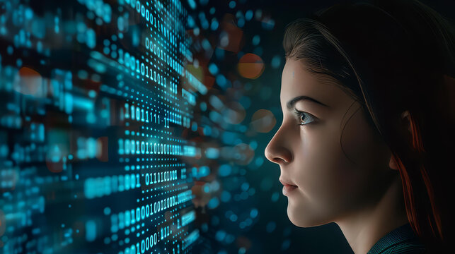 Futuristic portrait of a woman with binary code overlay.