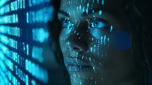 Futuristic portrait of a woman with binary code overlay.