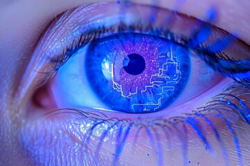Digital blueprint overlays a stark blue eye, merging futuristic concepts with the clarity of human vision