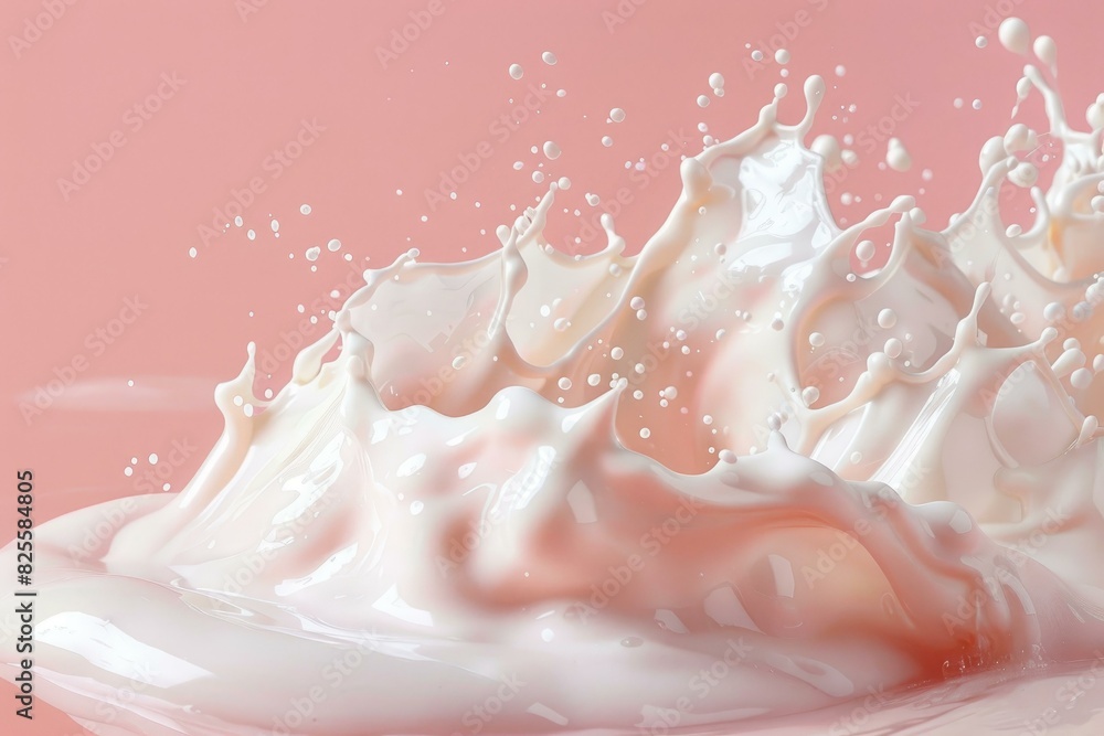 Poster highspeed capture of dynamic milk splash with droplets against a soft pink backdrop