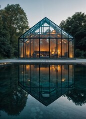 The house has a large glass window that reflects the pool's water.  