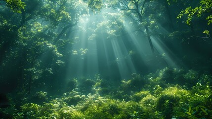 A lush green forest with sunlight filtering through the dense canopy, creating a magical glow on the forest floor.