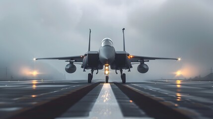 Front view of a military jet fighter on the runway, ready for takeoff.