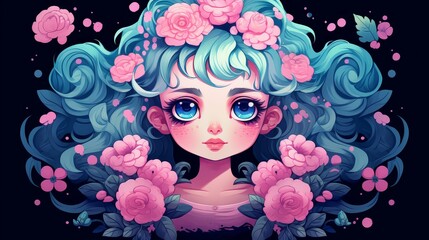 Vibrant chibistyle floral illustrations with vivid colors in a cartoony and stylized digital painting.