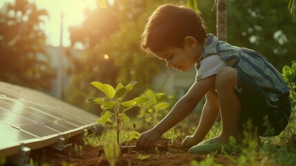 Happy children planting a tree surrounded with solar cell and sitting. Attractive elementary student growing a tree in the garden. Environmental saving world concept. Sustainable energy. AIG42.