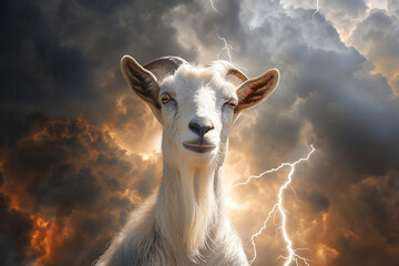 A goat with horns is staring at the camera in a fiery sky
