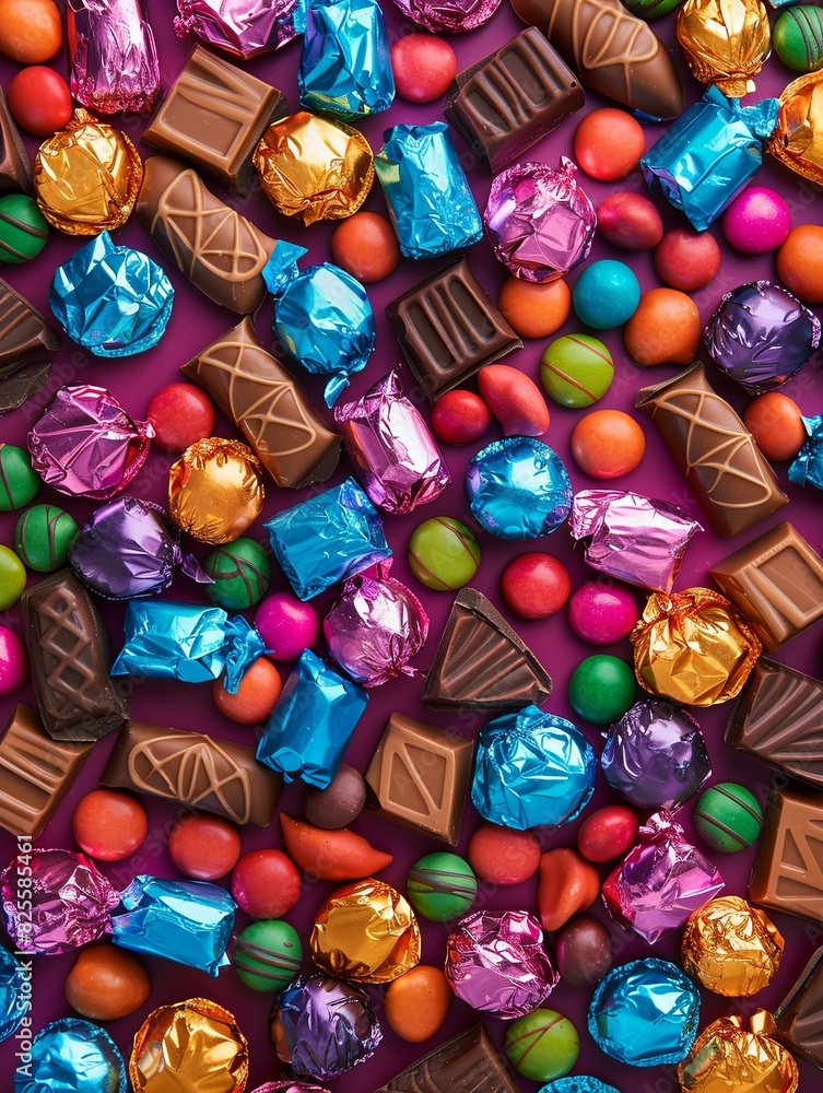 Poster various colorful chocolate candies with shiny wrappers scattered on a purple background. generative 