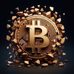 3D Gold Bitcoin Coins: Ideal for Digital Artwork, Financial Graphics, Explosion, on Black Background