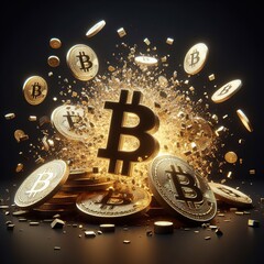 3D Gold Bitcoin Coins: Ideal for Digital Artwork, Financial Graphics, Explosion, on Black Background