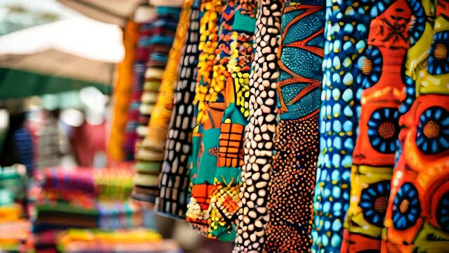 Brightly colored African fabric patterns hung in row at market