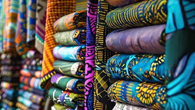 Stacked vibrant African textiles with diverse patterns and bright colors