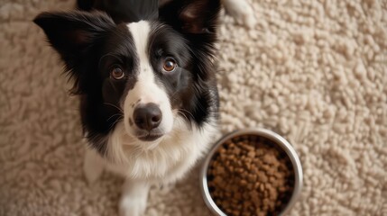 Cute border collie dog looking up at the camera with a bowl full of pet dry kibble food on beige carpet background