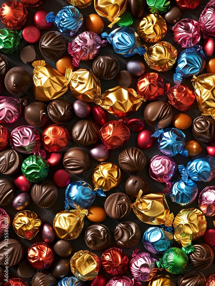 Aufkleber Colorful and varied chocolate candies piled together with shiny wrappers creating a vibrant display. Generative AI