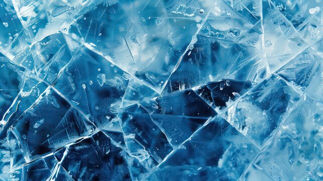 Ice texture cracks surface, abstract background winter ice transparent blue