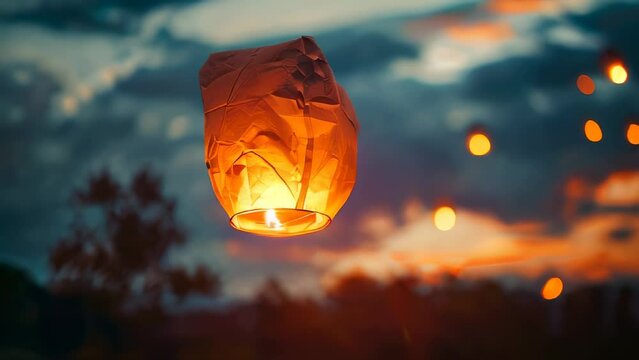 Glowing paper lantern ascends into evening sky, surrounded by others