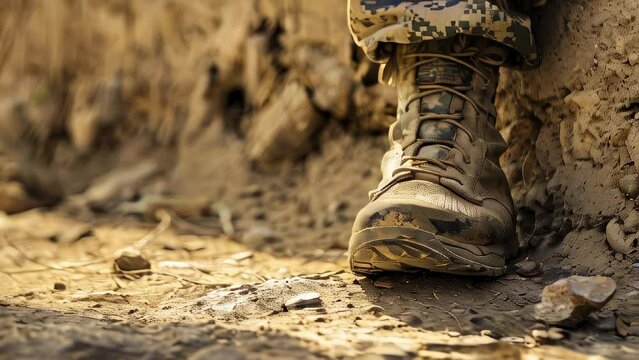 Military boot in camo pants rests on dusty ground