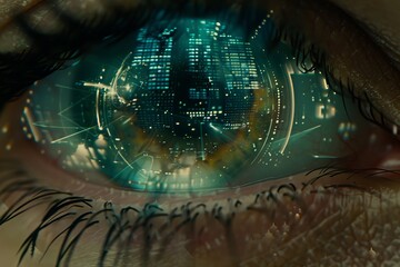 A deep green eye mirrors a high tech data center, integrating concepts of cybersecurity and vision