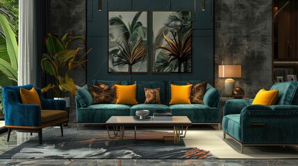 Bold Living Room With A Statement Wall, Vibrant Furniture, And Eclectic Decor Pieces, Room Background Photos