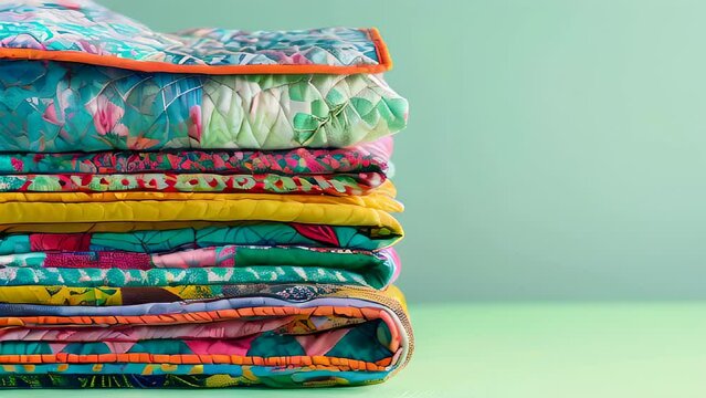 Brightly colored and patterned quilt stack against pastel background