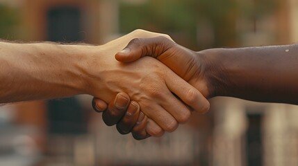A firm handshake between two adult men of different ethnicities outdoors, symbolizing agreement and partnership.