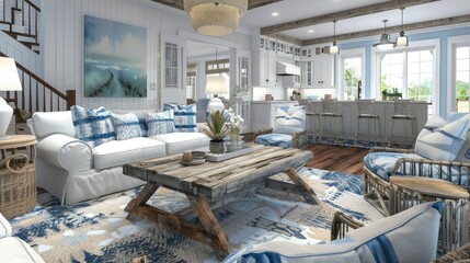 Coastal Living Room With Light Blue And White Tones, Driftwood Accents, And Ocean-Themed Decor, Room Background Photos
