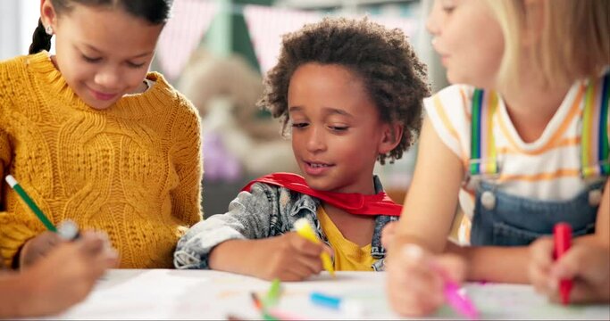 Happy children, drawing and paper with class in kindergarten for fun activity or coloring in classroom. Group of young elementary kids sketching colorful poster or sign for learning and development