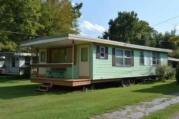 Classic mobile home with a front porch and lawn in a residential area under clear skies