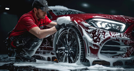 Obraz premium Car Wash Expert Using Water Pressure Washer to Clean a Red Modern Sportscar. Adult Man Washing Car