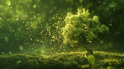 A whimsical depiction of a tree with its lush leaves made up of tiny particles interacting and exchanging energy.