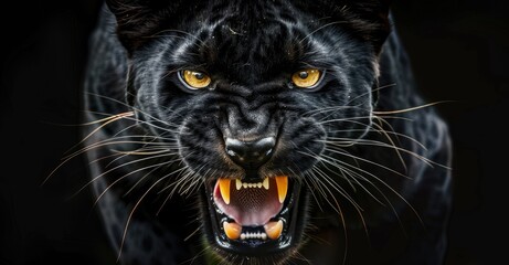 Black panther portrait with yellow eyes showing canine teeth with anger on a black background, looking at the camera. Animal wallpaper concept.