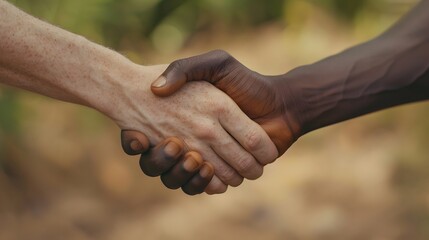 A firm handshake between two adult men of different ethnicities outdoors, symbolizing agreement and partnership.
