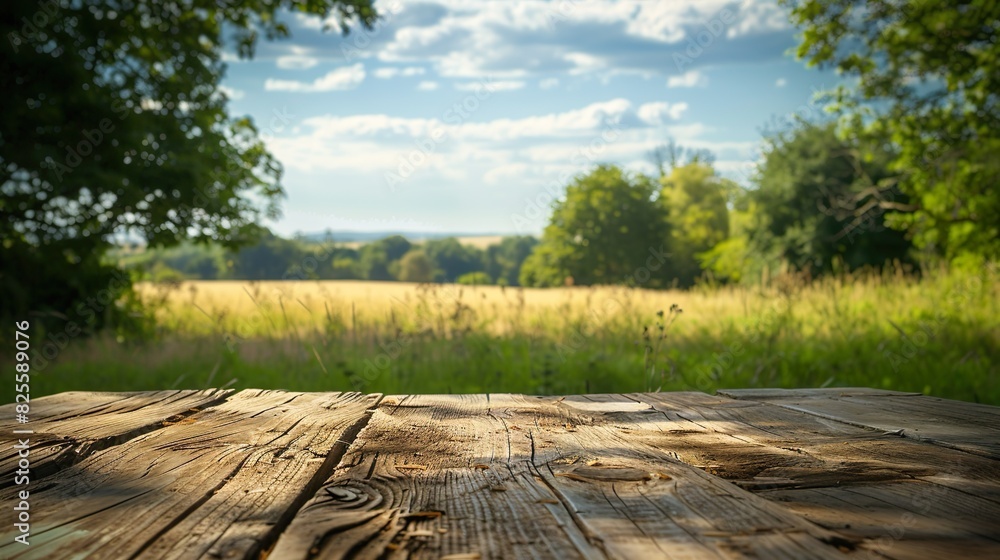 Poster empty rustic table in front of countryside background