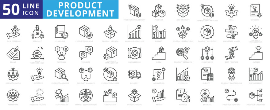 Product development icon set with planning, process, idea, concept, offering, brand, brainstorming, strategy and teamwork.