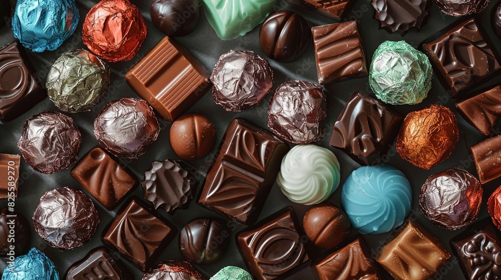 Poster Assorted chocolates in vibrant colors and shiny wrappers spread out on a table. Generative AI