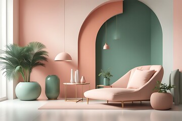 2024 Trend with Peach Fuzz Living Room with Pastel Wall Accent, Emerald Green Interior Design, Apricot Salmon Luxury Scene, 3D Render

