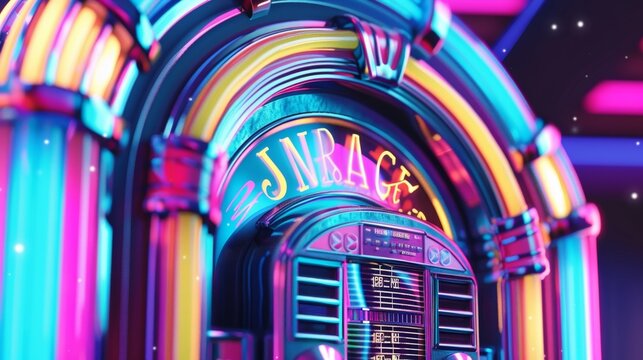 A retroinspired vinyl record cover featuring a stylized illustration of a jukebox with colorful lights and a vibrant neon sign.