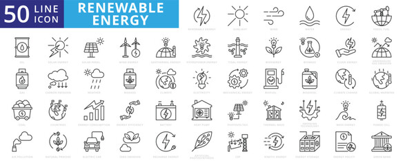 Renewable energy icon set with sunlight, wind, water, fossil fuel, oil, gas, coal, air pollution, solar and panel.