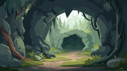 Old abandoned stone cave entrance cartoon flat vect